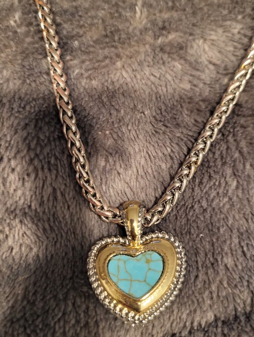 Gold & Silver Heart Pendant Necklace with Turquoise Stone - Women Jewelry